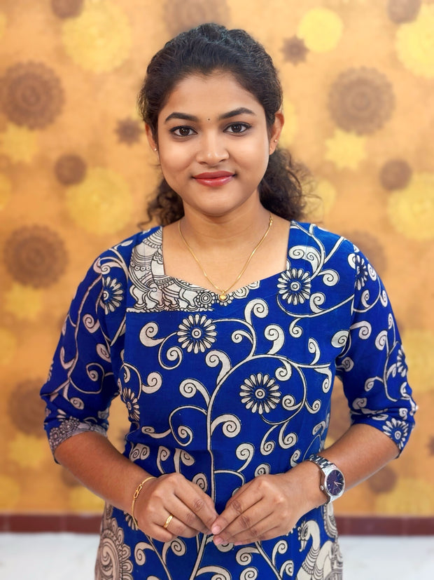 Kalamkari Hand Block Print with Lotus & Peacock Designs - KAL 1236