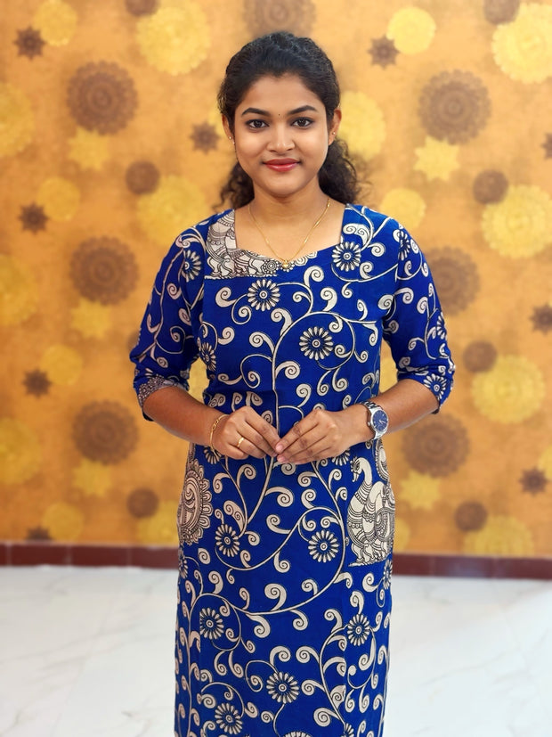 Kalamkari Hand Block Print with Lotus & Peacock Designs - KAL 1236