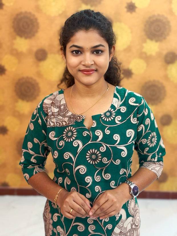 Kalamkari Hand Block Print with Lotus & Peacock Designs - KAL 1235