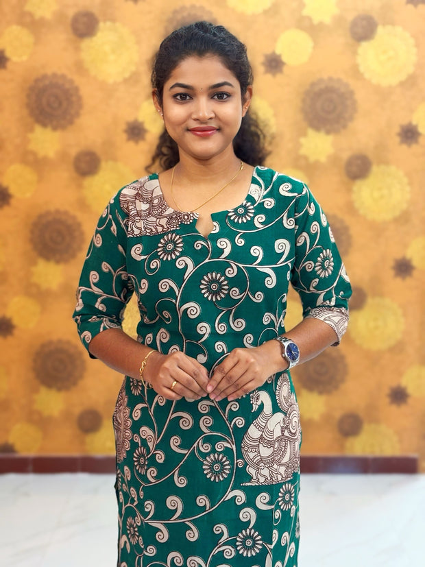 Kalamkari Hand Block Print with Lotus & Peacock Designs - KAL 1235