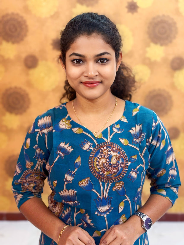 Kalamkari Hand Block Print with Lotus & Peacock Designs - KAL 1233