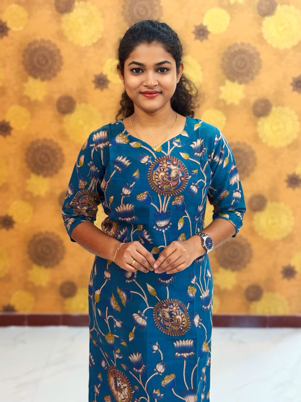 Kalamkari Hand Block Print with Lotus & Peacock Designs - KAL 1233