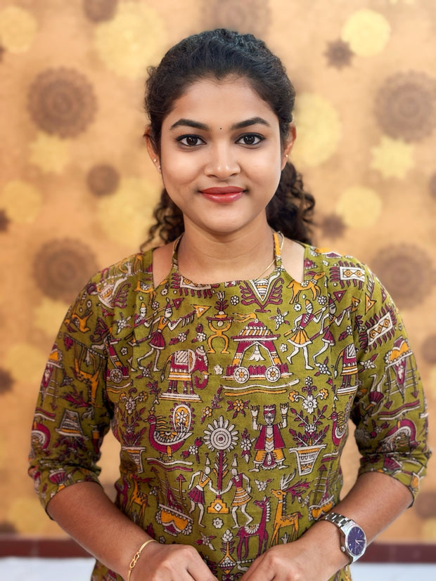 Kalamkari Hand Block Print with Lotus & Peacock Designs - KAL 1231