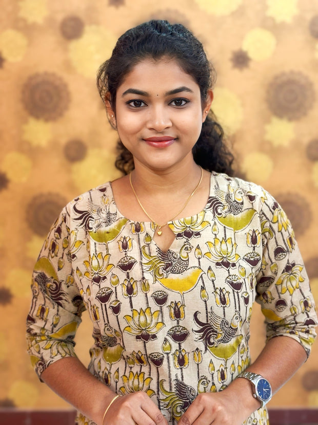 Kalamkari Hand Block Print with Lotus & Peacock Designs - KAL 1226