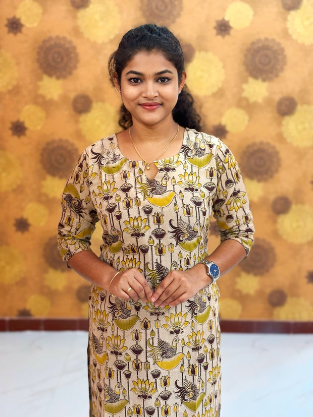 Kalamkari Hand Block Print with Lotus & Peacock Designs - KAL 1226