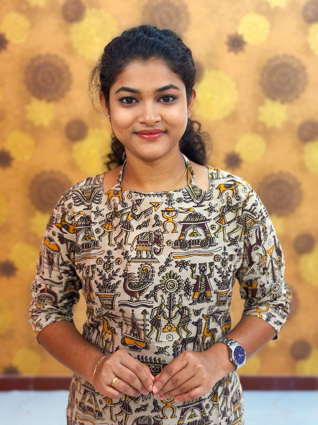 Kalamkari Hand Block Print with Lotus & Peacock Designs - KAL 1225