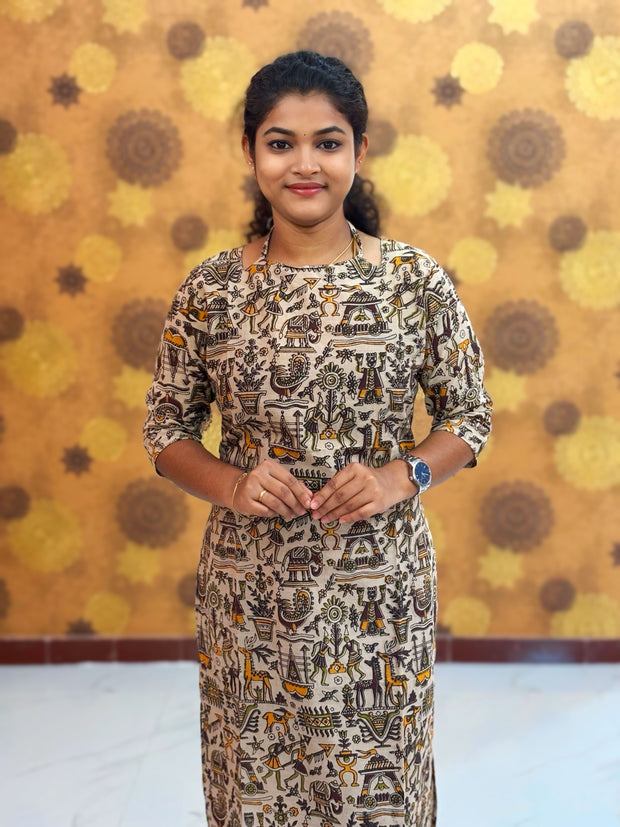 Kalamkari Hand Block Print with Lotus & Peacock Designs - KAL 1225