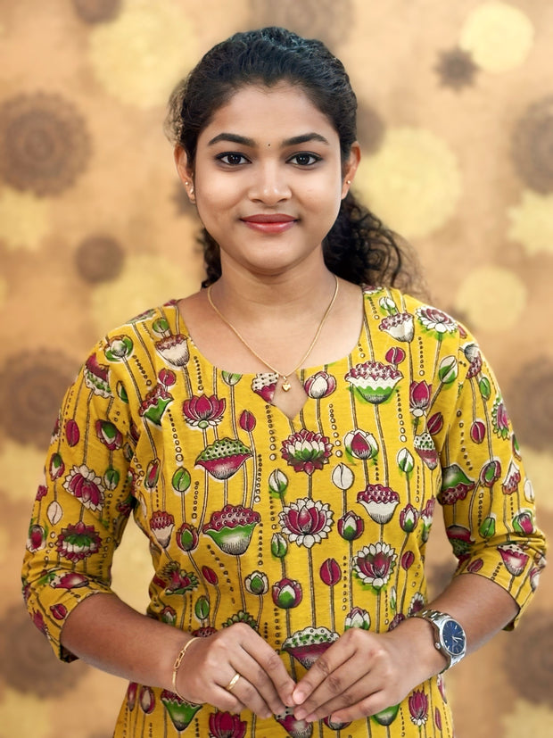 Kalamkari Hand Block Print with Lotus & Peacock Designs - KAL 1223