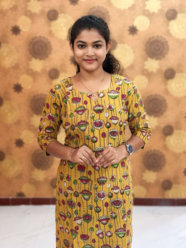 Kalamkari Hand Block Print with Lotus & Peacock Designs - KAL 1223