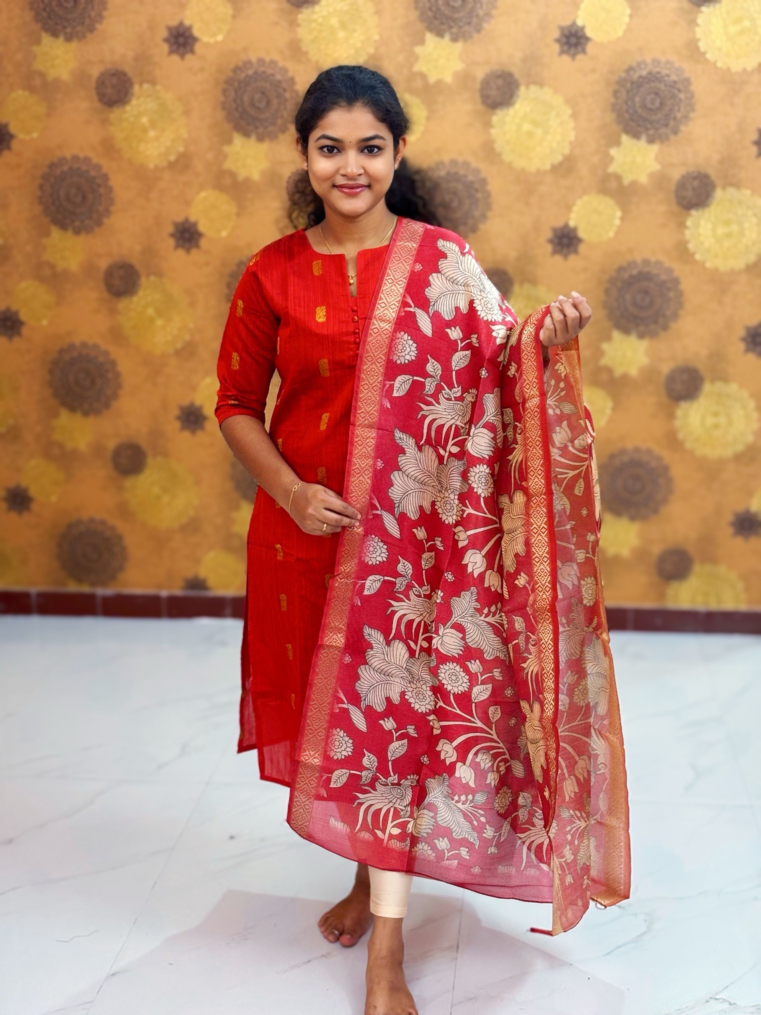 Premium Raw Silk Top with Cotton Lining & Kalamkari Dupatta - RSK 1138