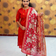 Premium Raw Silk Top with Cotton Lining & Kalamkari Dupatta - RSK 1138