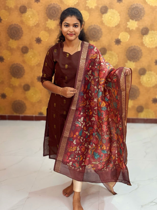 Premium Raw Silk Top with Cotton Lining & Kalamkari Dupatta - RSK 1139
