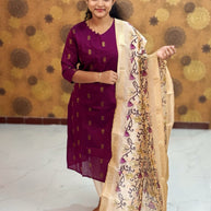 Premium Raw Silk Top with Cotton Lining & Kalamkari Dupatta - RSK 1140
