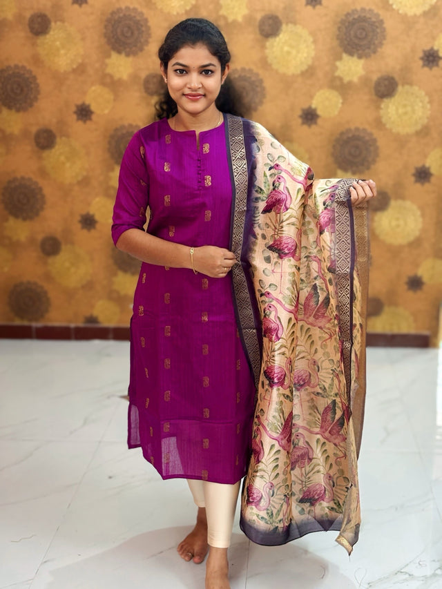 Premium Raw Silk Top with Cotton Lining & Kalamkari Dupatta - RSK 1141