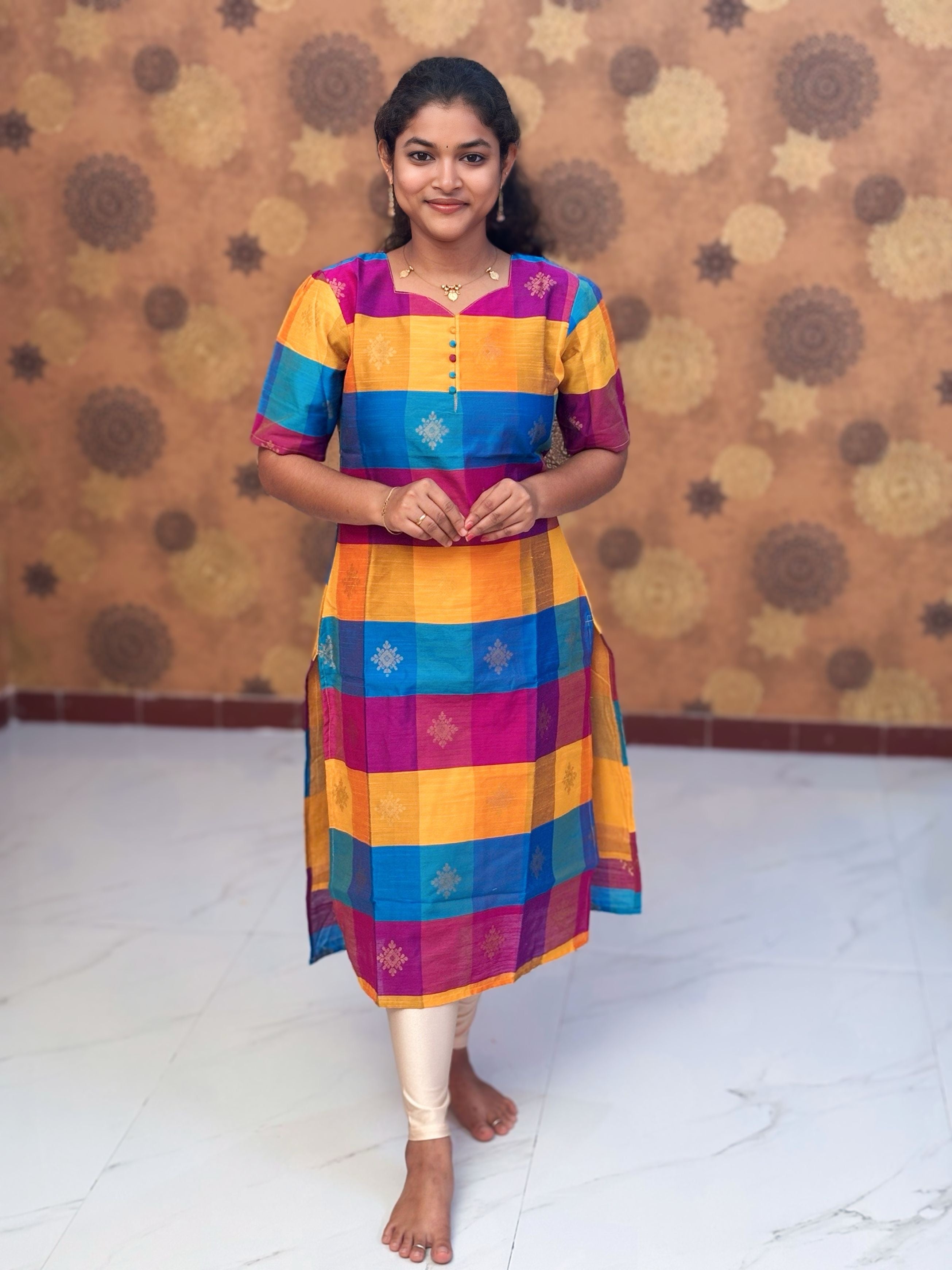 Paazhum Pazhamum Multi Check Butta Raw Silk Kurti with Lining - RSK 0019