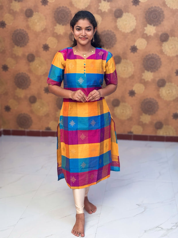 Paazhum Pazhamum Multi Check Butta Raw Silk Kurti with Lining - RSK 0019