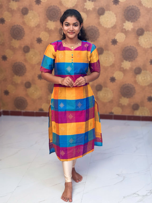 Paazhum Pazhamum Multi Check Butta Raw Silk Kurti with Lining - RSK 0019