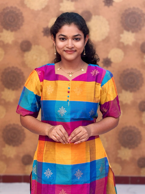 Paazhum Pazhamum Multi Check Butta Raw Silk Kurti with Lining - RSK 0019
