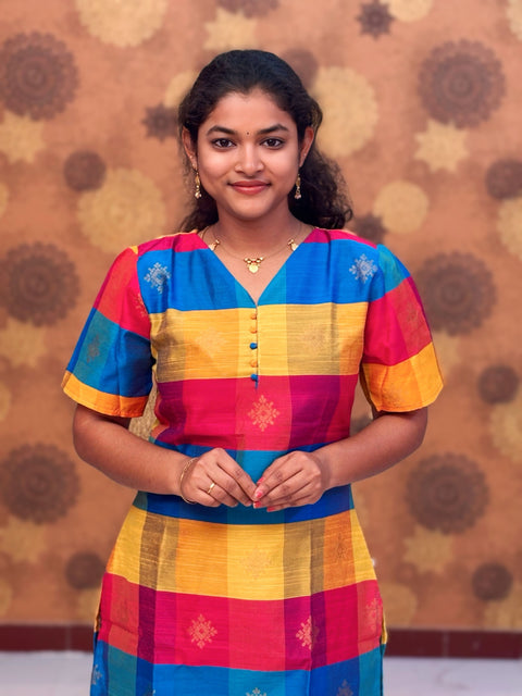 Paazhum Pazhamum Multi Check Butta Raw Silk Kurti with Lining - RSK 0020