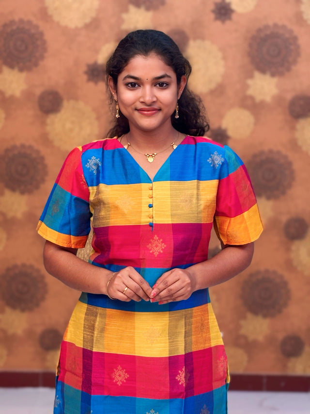 Paazhum Pazhamum Multi Check Butta Raw Silk Kurti with Lining - RSK 0020