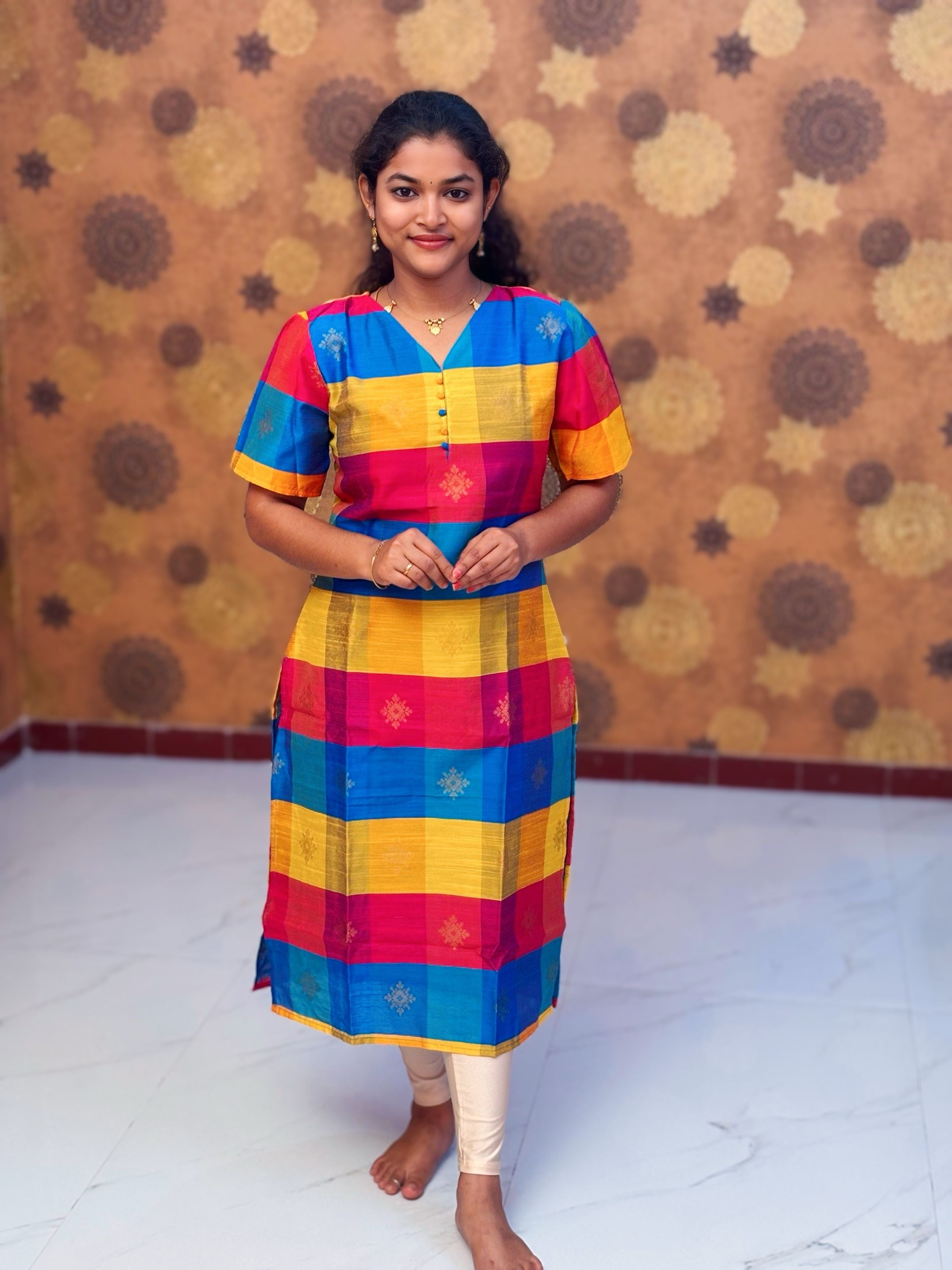 Paazhum Pazhamum Multi Check Butta Raw Silk Kurti with Lining - RSK 0020