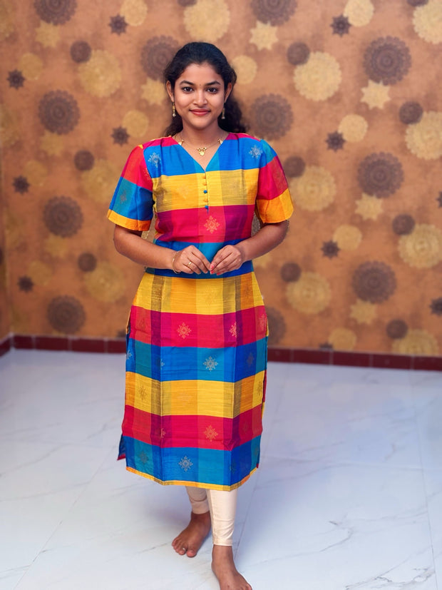 Paazhum Pazhamum Multi Check Butta Raw Silk Kurti with Lining - RSK 0020