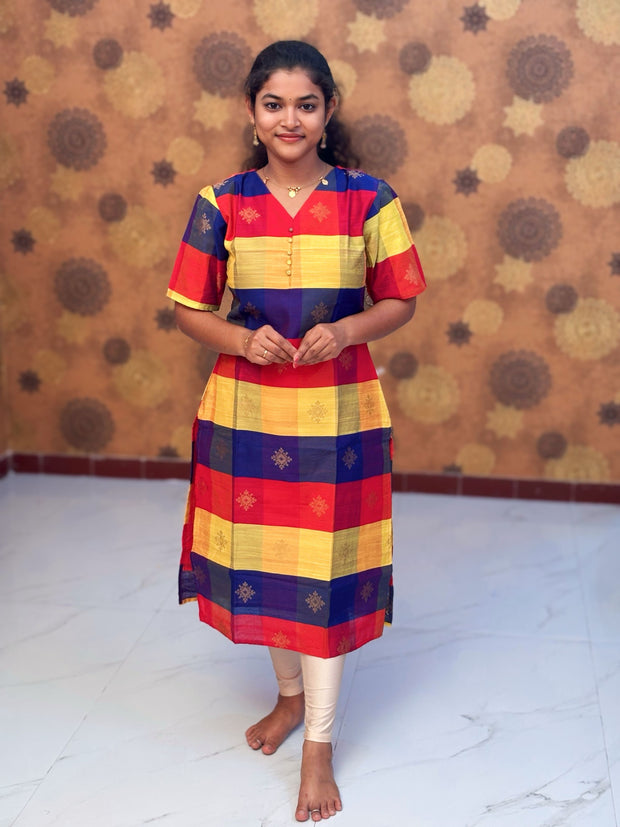 Paazhum Pazhamum Multi Check Butta Raw Silk Kurti with Lining - RSK 0021