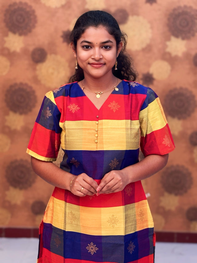 Paazhum Pazhamum Multi Check Butta Raw Silk Kurti with Lining - RSK 0021