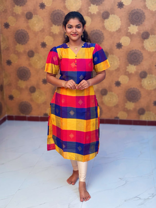 Paazhum Pazhamum Multi Check Butta Raw Silk Kurti with Lining - RSK 0022