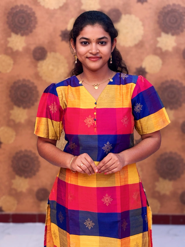 Paazhum Pazhamum Multi Check Butta Raw Silk Kurti with Lining - RSK 0022