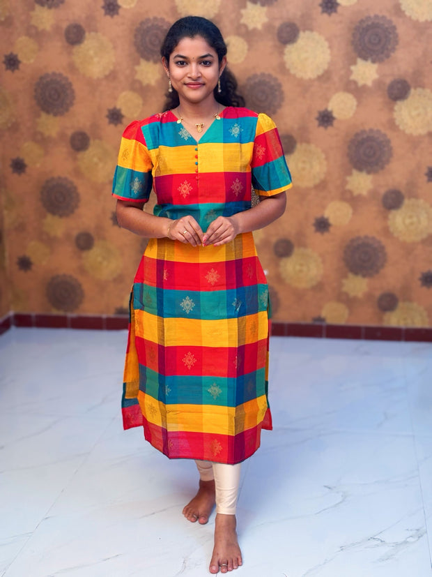 Paazhum Pazhamum Multi Check Butta Raw Silk Kurti with Lining - RSK 0023