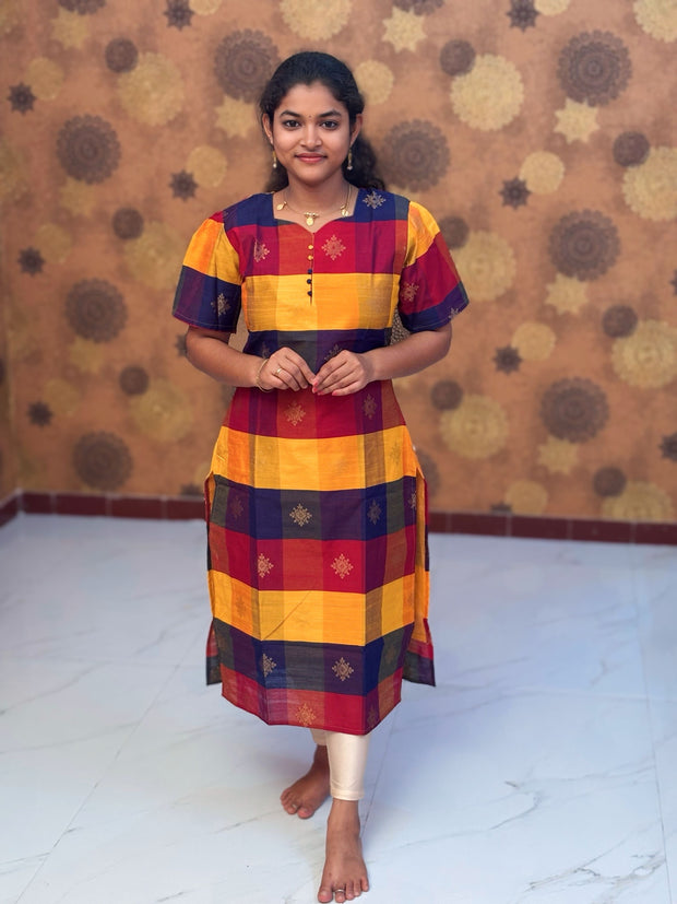 Paazhum Pazhamum Multi Check Butta Raw Silk Kurti with Lining - RSK 0024