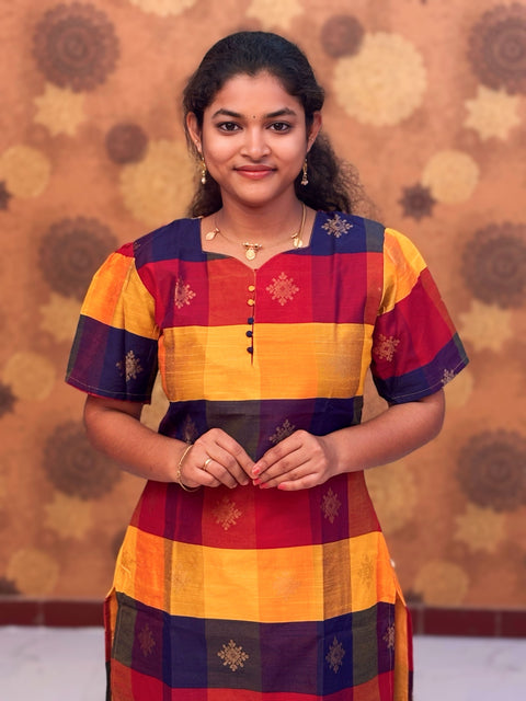 Paazhum Pazhamum Multi Check Butta Raw Silk Kurti with Lining - RSK 0024