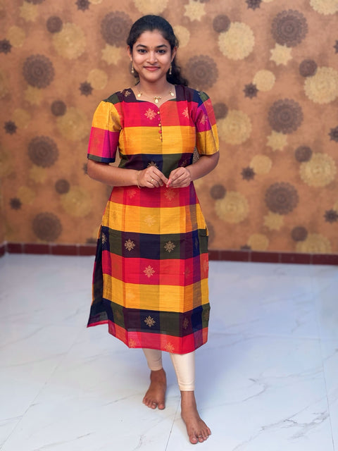 Paazhum Pazhamum Multi Check Butta Raw Silk Kurti with Lining - RSK 0025