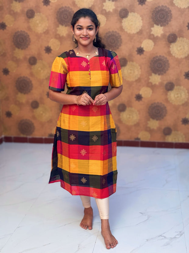 Paazhum Pazhamum Multi Check Butta Raw Silk Kurti with Lining - RSK 0025