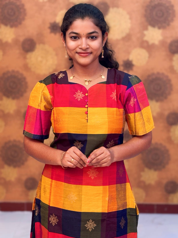 Paazhum Pazhamum Multi Check Butta Raw Silk Kurti with Lining - RSK 0025