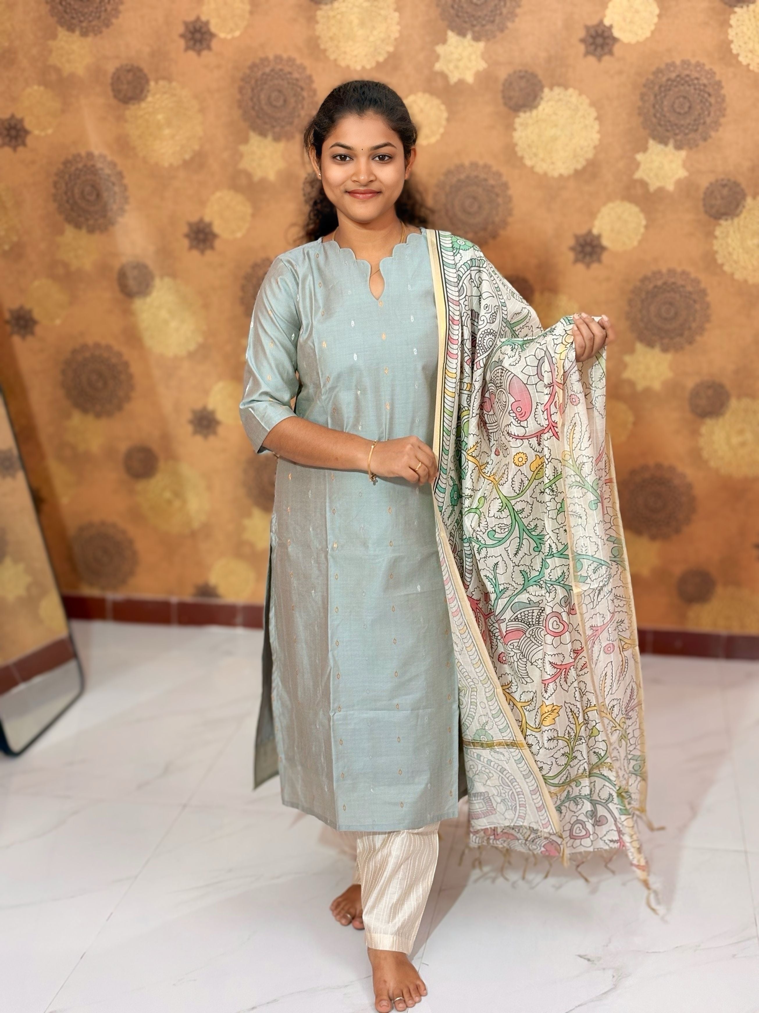 Premium Butter Silk Salwar Set with Lining & Kalamkari Dupatta - PCR 1153